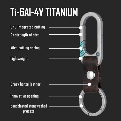 Image of KeyUnity KM02 Titanium Belt Clip Carabiner Leather Keychain Holder with Removable Stainless Steel Key Ring