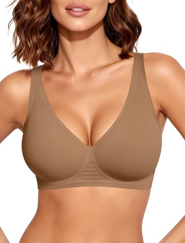OEAK Womens Deep V Bras Wireless Comfortable Bra Supportive No Underwire Bras Tshirt Push Up Bralettes Plunge Seamless Bra Gravel Beige S
