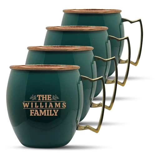 Custom Copper Moscow Mule with Smooth Painted Finish - Engraved Bar Style 100% Copper Cup with Personalized Floral Last Name Monogram Themed Engraving, Brass Handle | 18 oz, Green | Set of 4