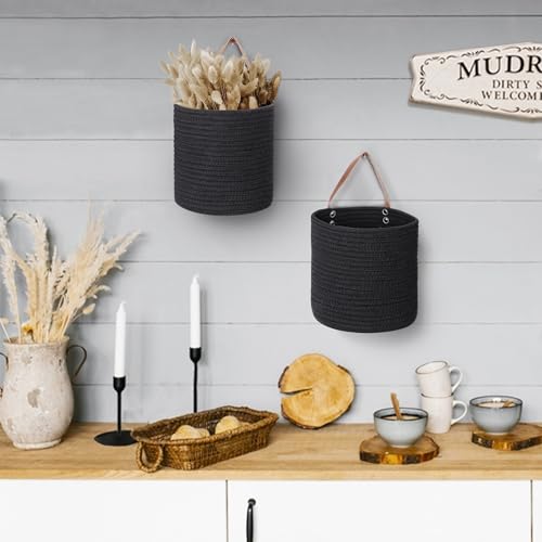 MEGASKET 2 Pack Hanging Basket, Small Wall Baskets for Organizing, Wicker Boho Wall Decor Set, Indoor Hanging Plant Holder, Rattan Woven Storage Bin for Home Decor, Farmhouse Storage Box, Black by MEGASKET - Used condition - Image 4
