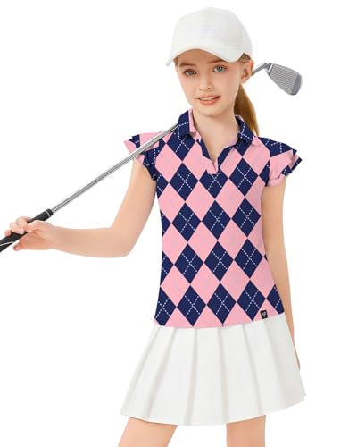 Image of Soneven Girls Ruffle Sleeve Polo Shirts V-Neck Golf Tennis T-Shirts Uniform Shirts Quick Dry for 4-14 Years