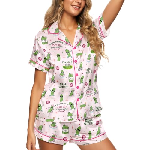HUNTFAMI Silky Short Satin Pajamas For Women 2 Pieces Comfy Sleepwear Pajama gift in Summer Night Pickle
