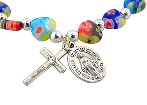 Image of Needzo Miraculous Saint Mary Medal Charm Glass Heart Shape Bead, 6 1 /2-inch Stretch Bracelet