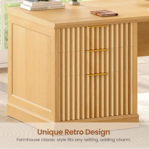 Image of SEDETA Fluted 78.8 inch L Shaped Desk with 6 Drawers, Fluted Oak | Home Office Desk with Power Outlet, File Cabinet Storage, Wood Corner Computer Desk for Work and Study