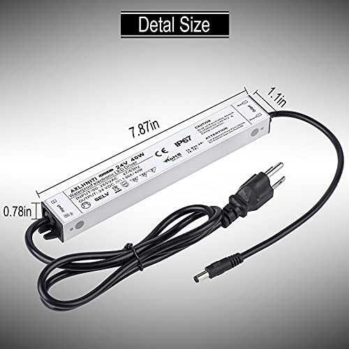 LED Power Supply 40W, Waterproof IP67, 90V-265V AC to 24V DC, 3-Prong Plug & 3-Ft Cable for LED Strip Lights