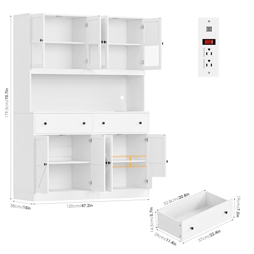 Image of FINETONES 71 inch Pantry Cabinet with LED Light and Charging Station, Farmhouse Kitchen Pantry Cabinet with Microwave Stand, 47.2 inch Wide Kitchen Hutch Food Pantry with Open Countertop, White