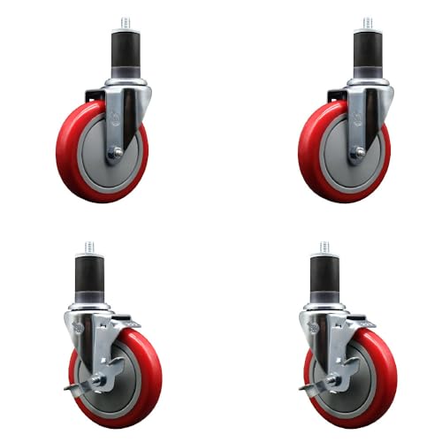 Stainless Steel Polyurethane Swivel Expanding Stem Caster Set of 4 with 5 Inch Red Wheels and 1-5/8