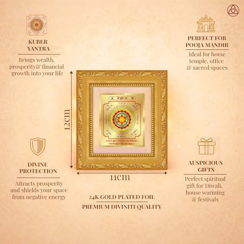 Image of DIVINITI Siddh Energised Kuber Yantra | 24k Gold Plated Foil Wealth Attraction Vastu Frame for Home, Office & Puja Room | Spiritual Yantra for Wealth, Prosperity & Financial Growth (12 X 11 CM)