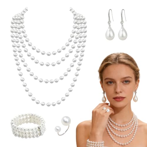 【Confezione e Dimensioni】 Il set di gioielli include 4 pezzi: un paio di eleganti orecchini di perle di plastica, un braccialetto a tre file e una lunga collana di perle e anello. Questa combinazione rende il set ideale per chi ama accessori versatili e alla moda.