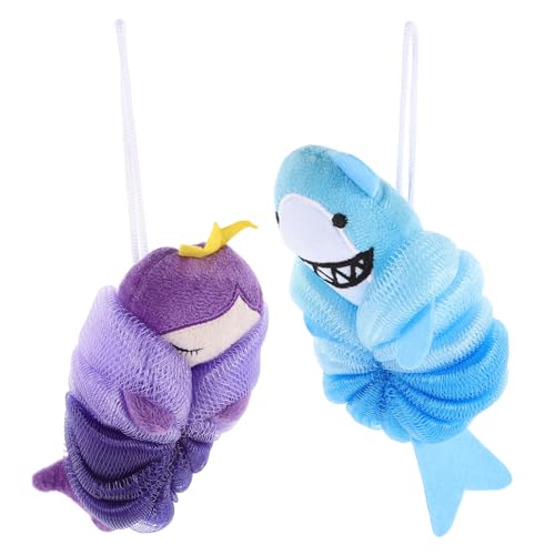 UKCOCO Esponjas de Baño para 2 Piezas Esponja Vegetal Suave Diseño de Pez Azul y Figura Morada Exfoliante para Ducha Adecuado para Piel Delicada y Baño Infantil