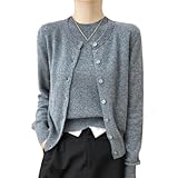 DAMEN MERINO TWIN CARDIGAN O-NECK CARDIGAN &AMP; PULLOVER SET, GRAU, 46