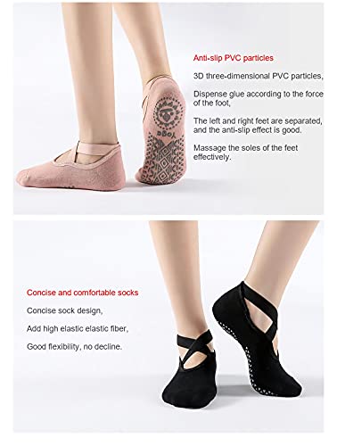 AJ Yoga Socks For Women Non-Slip Grips & Straps Non Slip Socks For Yoga Pilates Ideal For Pilates, Ballet, Dance, Barefoot Workout. Black Gray Pink Blue Four Pairs, 35-40 Plus