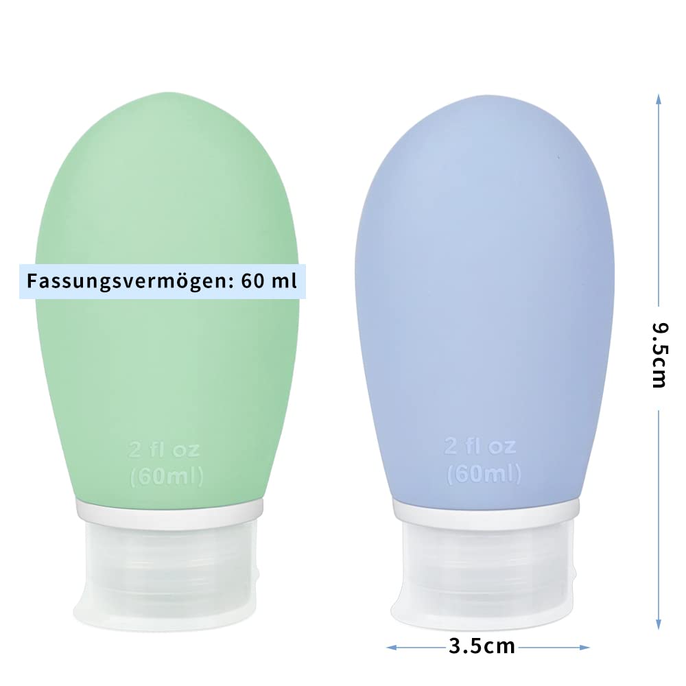 Opret Zestaw 4 silikonowych butelek podróżnych, 60 ml, szczelne, do wielokrotnego napełniania, przenośne pojemniki do szamponu, kremów, odżywki, nie zawierają BPA i posiadają certyfikat TSA