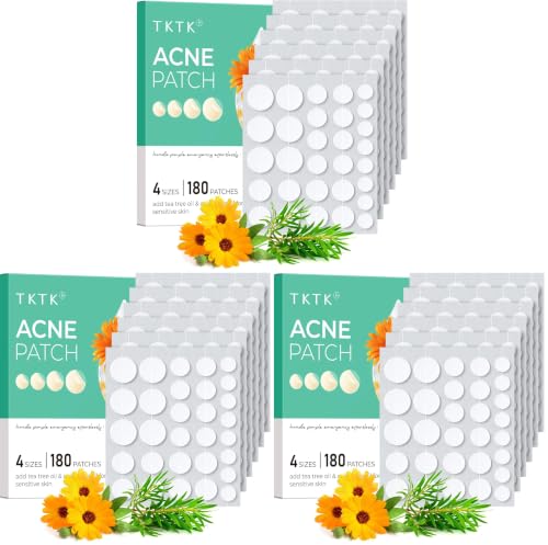 TKTK Hydrocolloid Acne Patches, Pimple Patches for Face with Tea Tree &amp; Calendula Oil - 4 Sizes Clear Cover Stickers, Invisible for Day &amp; Night Use (180 Count) (Pack of 3)