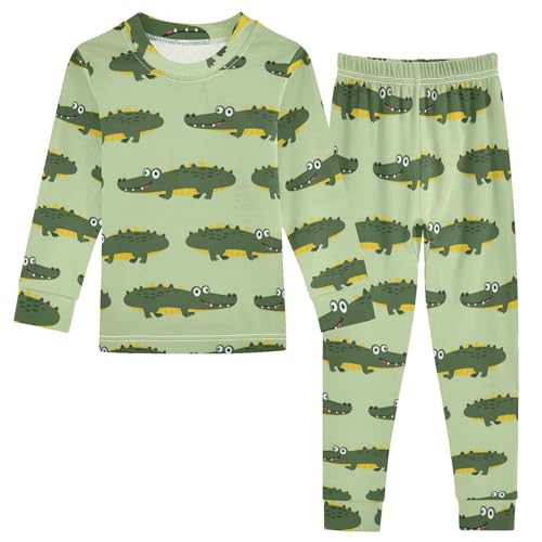 Pajama Sets Long Sleeve Green Crocodile Pattern Repeat Soft Comfy Sleepwear 2 Piece PJS 3-8T