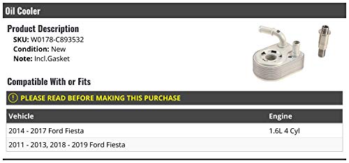 Oil Cooler with Gasket - Compatible with 2011-2019 Ford Fiesta 1.6L 4-Cylinder
