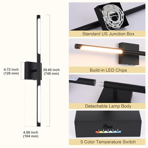 Image of TODOLUZ 30-Inch 5CCT 18W LED Vanity Lighting, Black Bathroom Light Fixture Over Mirror 2700K-5500K with Adjustable Lamp Tube