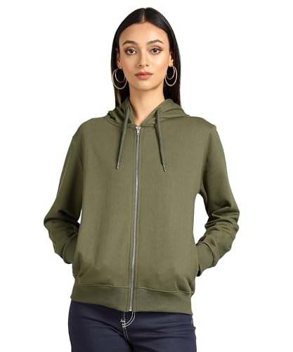 Image of Alan Jones Clothing Women's Solid Zipper Hooded Sweatshirt | Front Zip, Ribbed Hem, Lined Hood, Casual Winter Wear