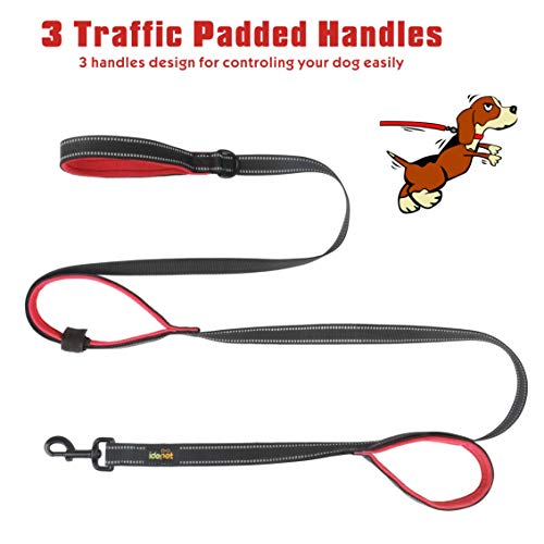 Idepet Dog Leash 3 Handles 6ft Traffic Padded - Pet Training Walking Lead Heavy Duty Reflective Leash for Large,Medium and Small Dogs (Red)