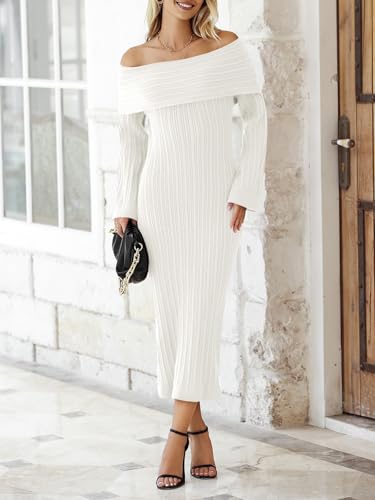 Saodimallsu Womens Off Shoulder Maxi Sweater Dress Long Sleeve Bodycon Sexy Elegant Club Party Knit Dresses3