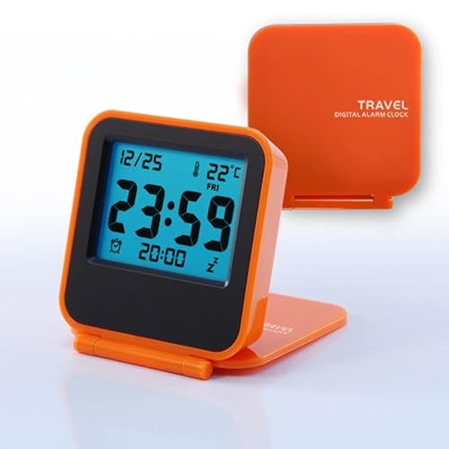Egundo Compact Digital Travel Alarm Clocks,Battery Operated Small Travel Clock With Night Light,Portable Folding Mini Pocket Temperature Clock,Easy To Set And Read,Calendar,Snooze,Backlight (Orange) #TOP1