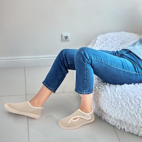 LeIsfIt Womens House Shoes Adjustable Diabetic Slippers Wide Walking Shoes Arthritis Edema Barefoot Shoes Indoor Outdoor Slippers, Beige, 9 Wide