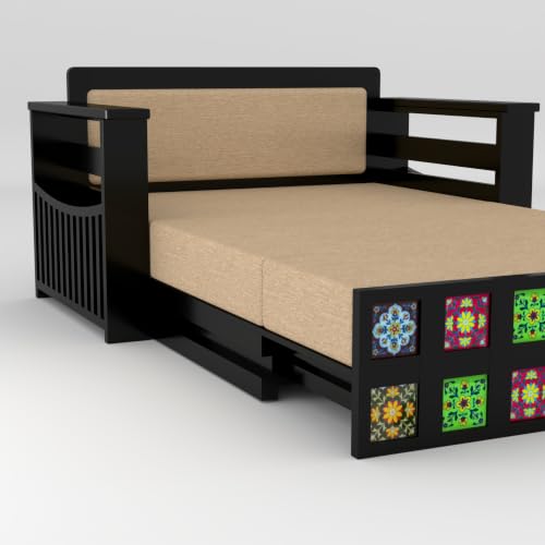 Image of Solid Sheesham Wood Sofa Cums Bed with Mattress & Storage | Rosewood Convertible Sofa Bed for Living Room & Bedroom (F-Walnut Finish, 2 Seater)