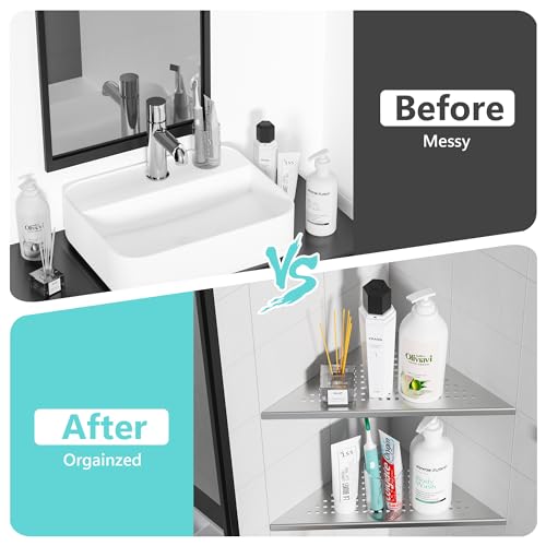 Neodrain Shower Corner Shelf Stainless Steel Bathroom Shelf Tiles Recessed Shower Organiser Storage for Bathroom Kitchen, 2 Pack - Image 4