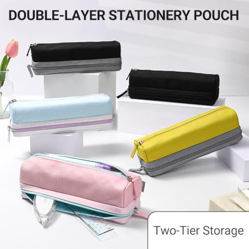 Image of KOKUYO 2-Layer Pencil Holder, Zipper Large Stationery Organizer, Pink | Double-layer Stationery Case, Large Capacity for Pens and Cosmetics Storage, Durable Zippered Bag Portable for Office Travel