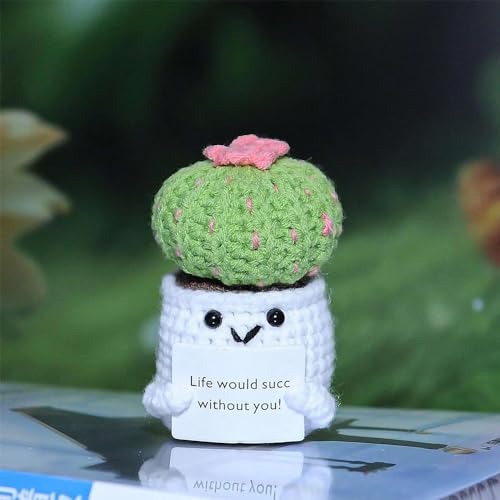 Crochet Positive Cactus,Funny Positive Cactus/Sunflower Emotional Support Crochet,Handmade Knitted Cactus Toy Cute Funny Potato Emotional Positive Life Doll Ornaments Gifts Desktop Decor (Sunflower) - Thumbnail 3