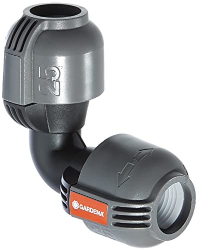 Jonction en L 25 mm de Gardena : raccord de tuyau pour changement de direction du tuyau de pose, 25 mm, compatible avec les tuyaux de pose 25 mm de Gardena, montage sans outils (2773-20)