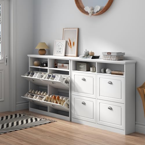 Narrow Shoe Organizer Cabinet for Entryway - White