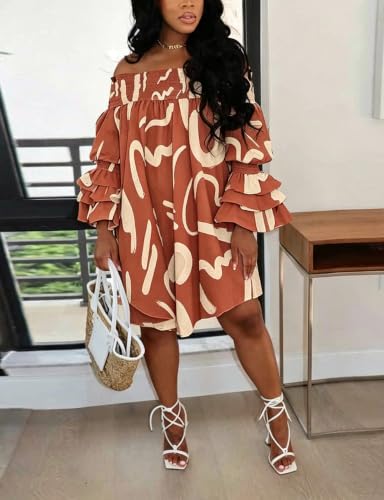Image of WOKANSE Women's Casual Plus Size Shirred Dresses Off Shoulder Bell Sleeves Ruffle Loose Stretchy Neck Midi Dress