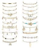 FASACCO 20Pcs 14K Gold Plated Ankle Bracelets for Women Adjustable Beach Anklet Set Surfer Anklet Heart Star Turtle Infinite Anklets Foot Jewelry