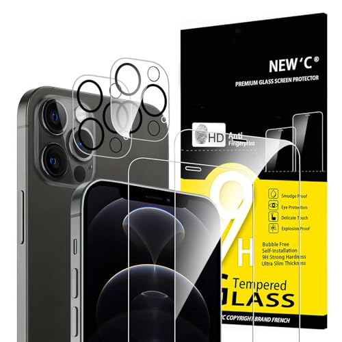 NEW'C Lot de 4, 2 x Verre Trempé pour iPhone 12 Pro Max et 2 x Protection Caméra Arrière -sans Bulles d'air -Ultra Résistant - Dureté 9H Glass