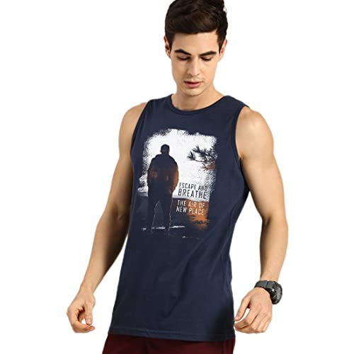 Image of Bewakoof Men Make Tracks Graphic Print Blue Sleeveless Round Neck Vest