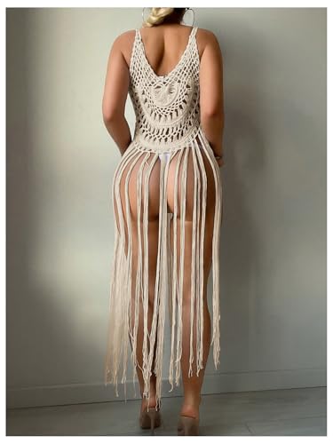 MakeMeChic Women's Crochet Fringe Cover Up Top Sleeveless Hollow Out Summer Beach Coverup3