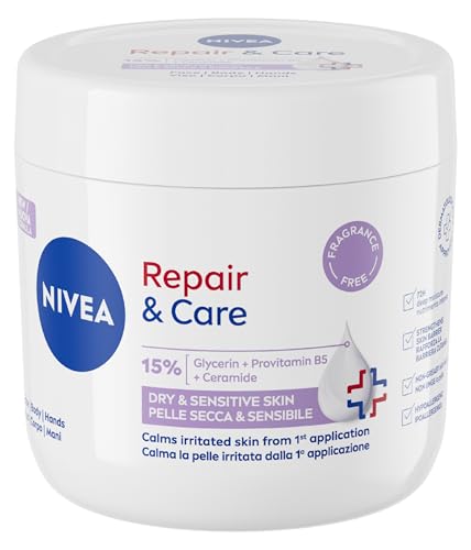 NIVEA Repair & Care Sensitive Senza Profumo 400 ml, Crema multiuso idratante 72H per pelle secca e sensibile, Crema corpo, viso e mani ipoallergenica con 15% Glicerina, Provitamina B5 e Ceramidi