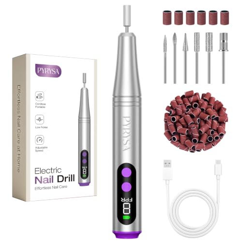 PYRYSA Cordless Nail Drill Electric Nail File Machine for Acrylic Gel Polish & Dip Powder Rechargeable Portable Manicure Pedicure Kit 9 Speeds LED Display Low Noise Tool for Home & Salon Silver