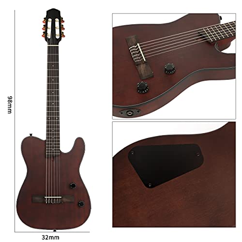 Acoustic Guitar Silent Nylon 6 String Travel Electronic Classical Guitar Portable Built In Effects Acoustic Steel String Guitars Acoustic Guitar Case Bag, Strap, Steel Strings, Tuner (Brown-Gd) #TOP2