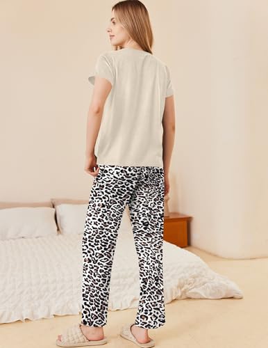 Image of Ekouaer Pajama Sets for Women Round Neck Pjs Short Sleeve Sleepwear with Long Pants Loose Lounge Sets Apricot Leopard XX-Large