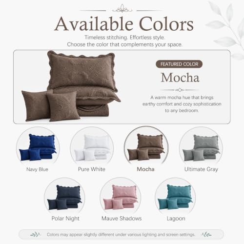 Image of HZ & HY Oversized King Bedspread, Stitched Damask Quilt Set King /Cal King, Lightweight Reversible Coverlet, Scalloped Edge - Warm Classic Look, 5 Piece, Mocha