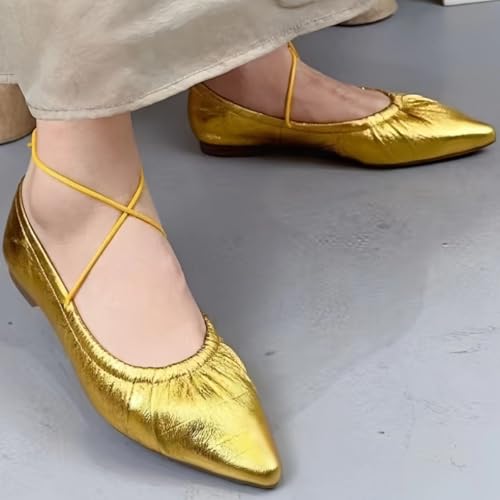 Elegant Lace-up Pointed-Toe Ballet Flats for Women with Criss-Cross Strap Design Soft-Surfaced Metallic Leather Upper Comfort Casual4