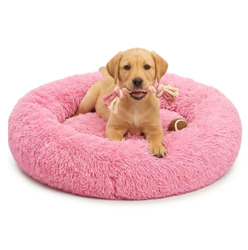 Image of Small Pink Donut Pet Bed for Cats & Kittens - Colorful Round Plush Cushion Nest for Indoor Pets, Washable Furry Lounger Sofa with Non-Slip Base