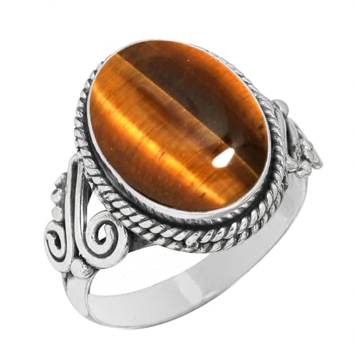 Jeweloporium Œil de Tigre Marron Bague Plaqué Argent Taille 63, Bague en Argent .925 pour Femme, Bijoux Bohème avec Véritable Pierre Précieuse Ovale...