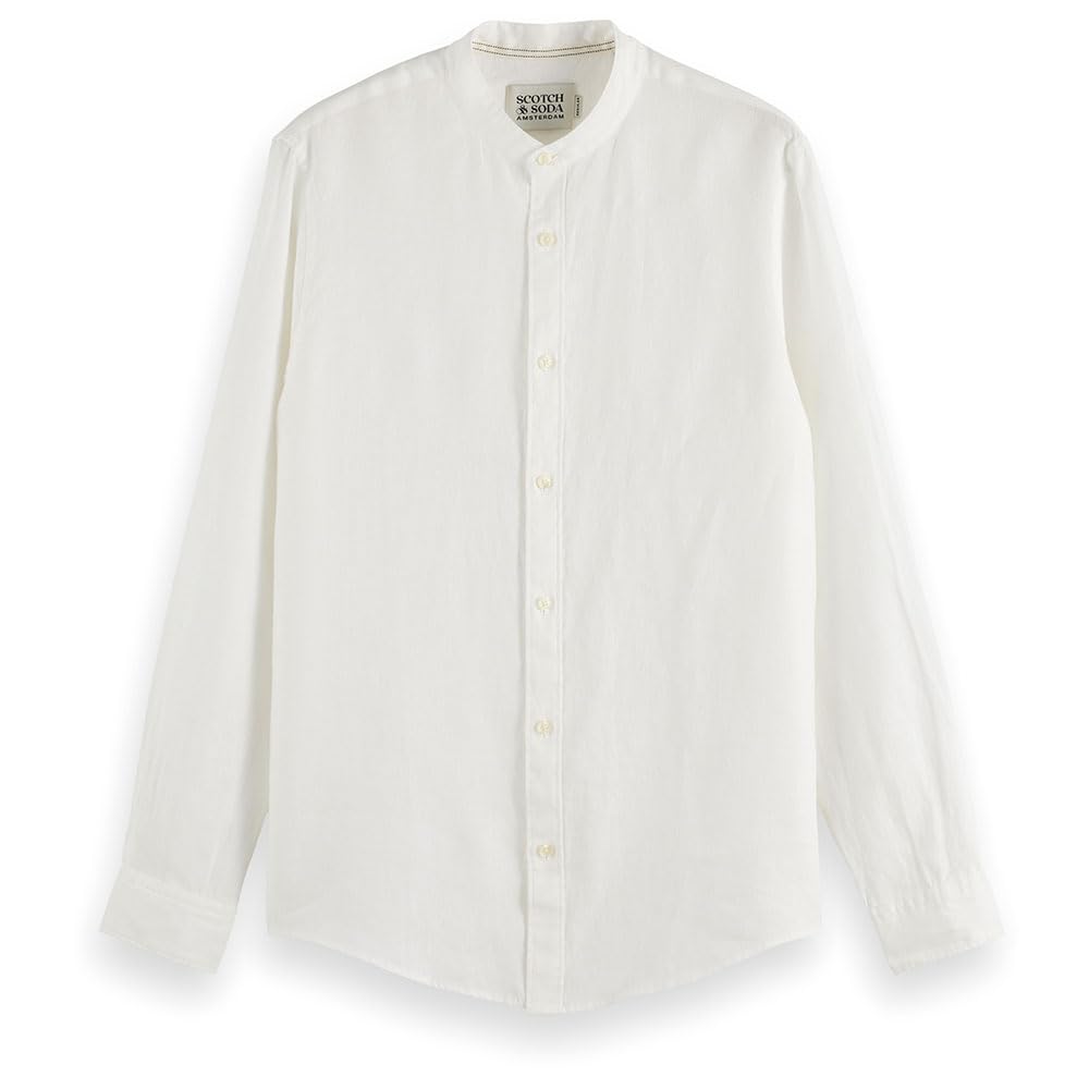 Scotch & Soda Men's Core-Linen LS Stand Up Collar Shirt, Off White, L