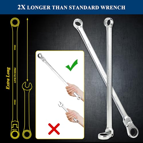 Image of PRIDE&CRAFT 10-Piece Extra Long Ratcheting Wrench Set - Metric Flex Head Double Box End (8-19mm) 2X Longer Wrenches, Chrome Vanadium Steel with 90-Tooth Ratchet for Automotive Repair