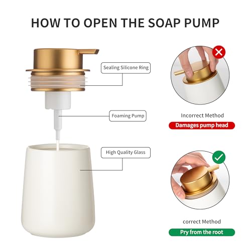 Image of Enra Foaming Soap Dispenser,12 oz Beige Ceramic Modern Foam Hand Soap Dispenser for Bathroom,Kitchen with Easy-to-Press Pump (White Foam Gold Pump)