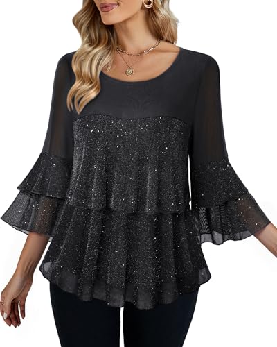 Bebonnie Womens Dressy Sparkly Peplum Tops 3/4 Sleeve Ruffles Elegant Evening Flowy Blouses2