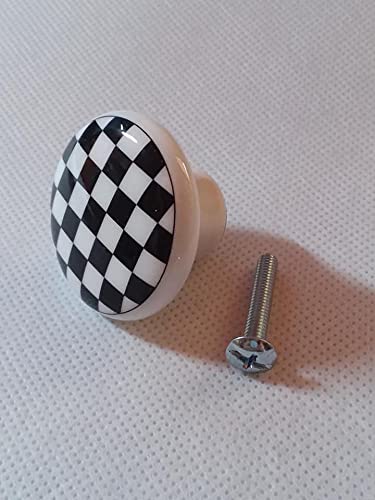 Black And White Checkered Checkers - Racing Race Cars - Decorative Glossy Ceramic Cupboard Cabinet Pulls Dresser Drawer Knobs #TOP4